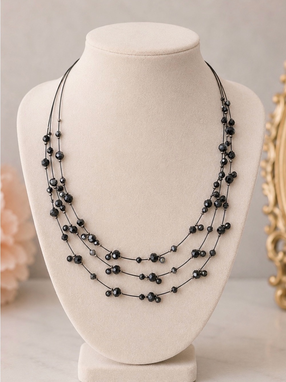 Multi-Strand Black Beaded Women's Necklace